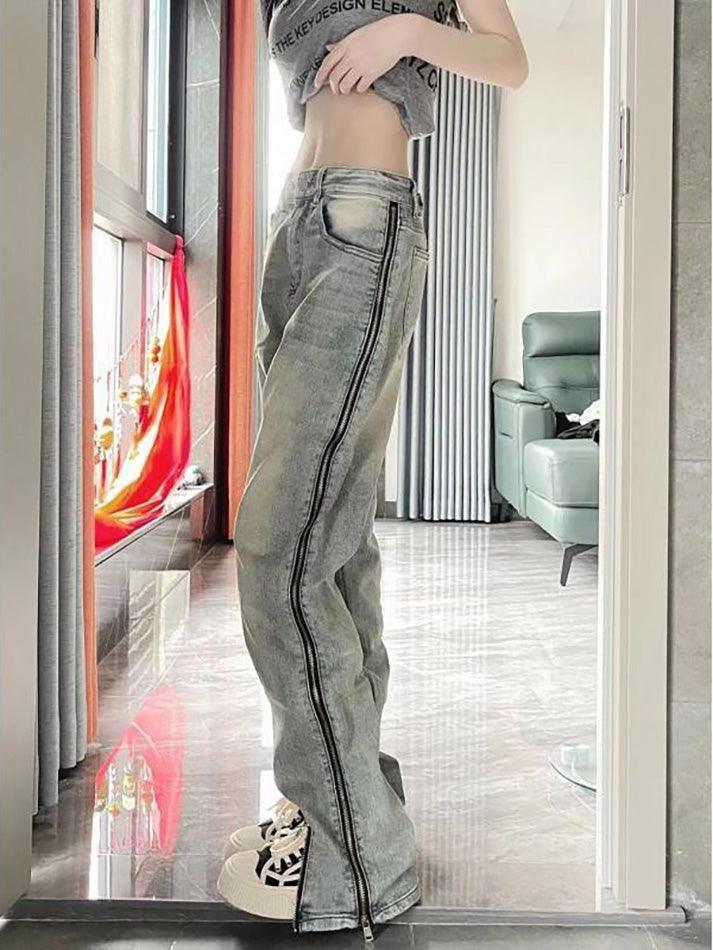 Aiertu  Low Rise Washed Straight-Fit Slit Wide-Leg Jeans Aiertu