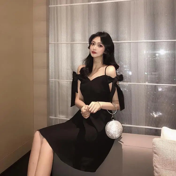 Aiertu  -   Korean Fashion New Summer Women Dress Retro Slash Neck Off The Shoulder Bow Tie High Waist Slim A Line Black Party Mini Dresses Aiertu