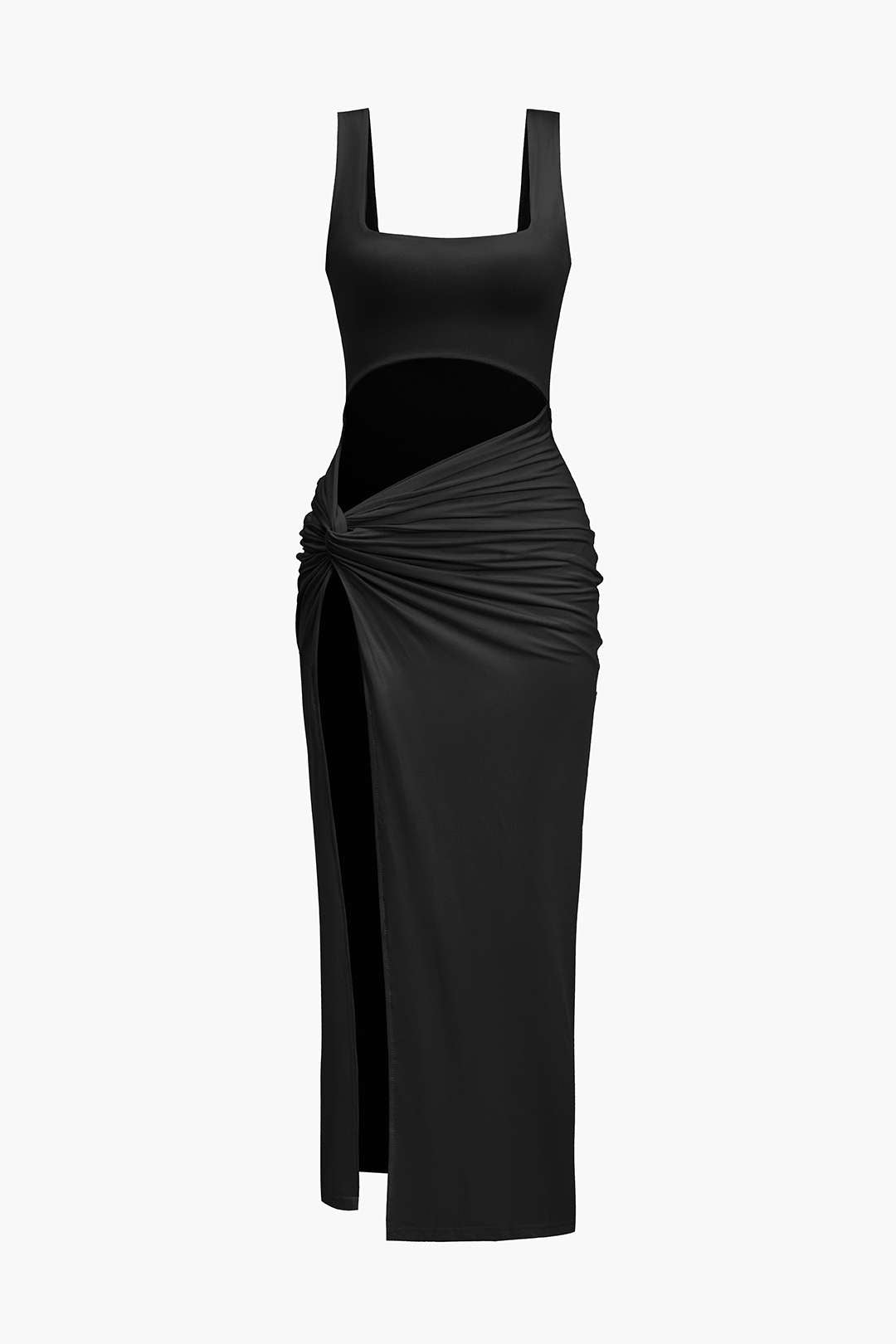Aiertu  Solid Twist Front Cut Out Slit Midi Dress Aiertu
