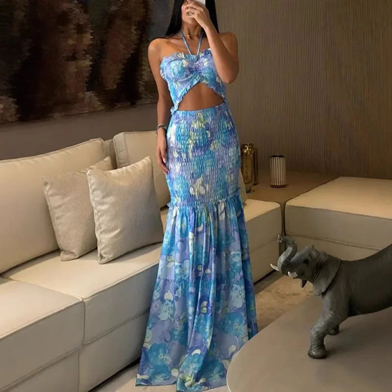 Aiertu  -  Chic  Hollow Out Printed Halter Long Dress Women Backless Off Shoulder Patchwork Ruffle Summer 2026 Dresses Party Vacation Robe Aiertu