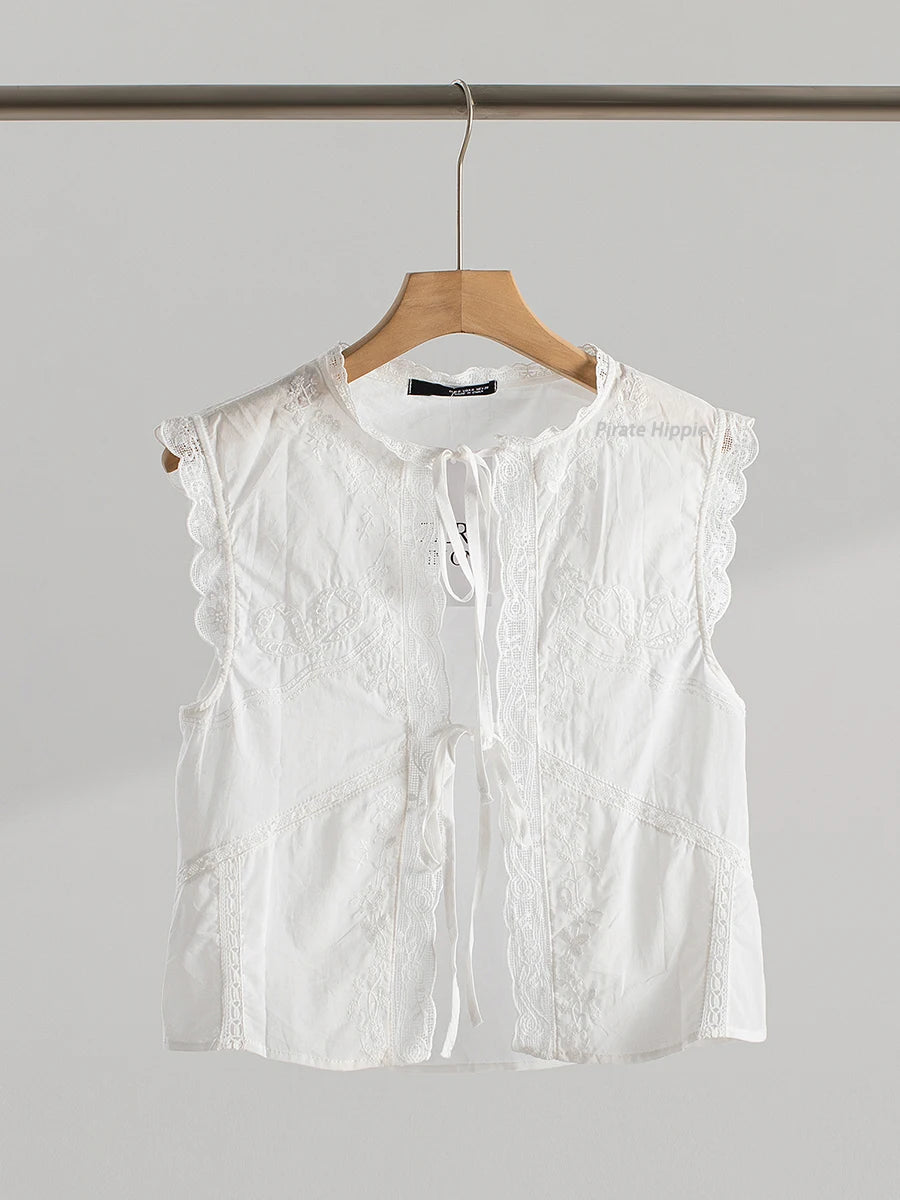 Aiertu     -  Fall Outfits 2026 White Lace Jacquere Tank Tops Women Summer New O Neck Sleeveless Lace-up Embroidered Camisole 2026 Elegant Fashion Cropped Tops Aiertu