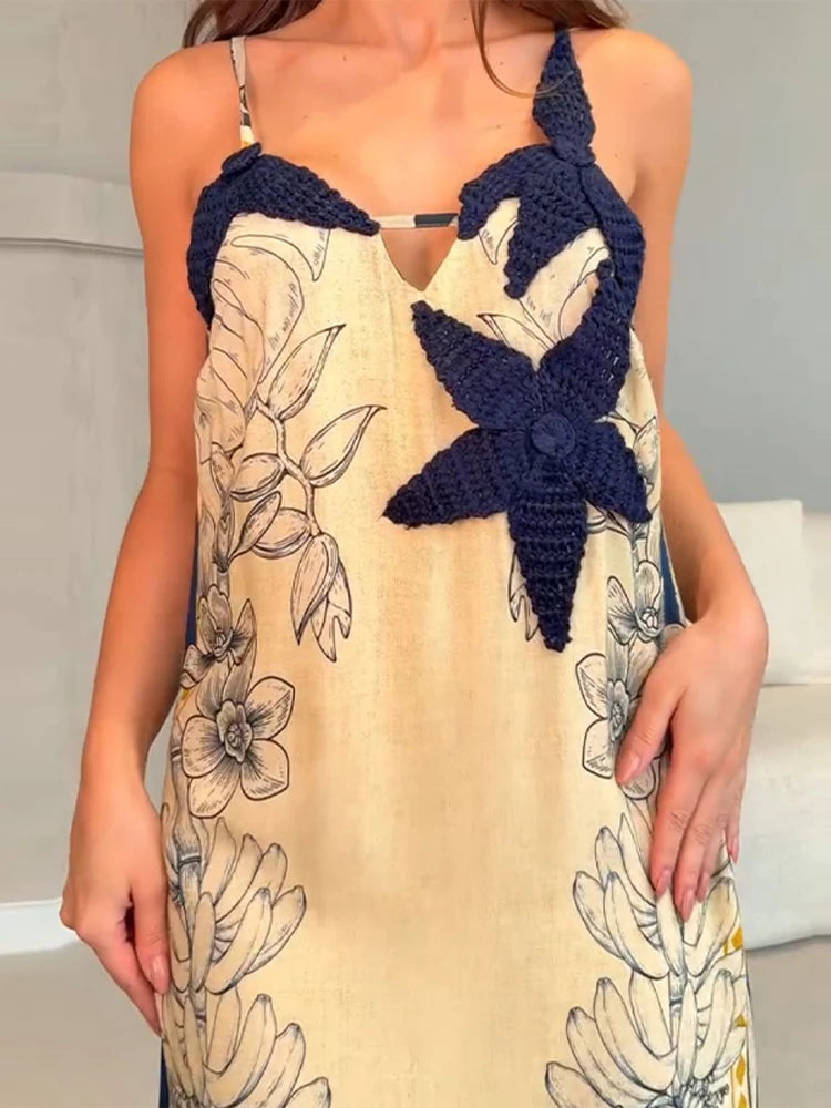 Aiertu  -  Fashion Knitted Star Suspender Maxi Dress For Women Floral Stripe Printed Sling Beach Long Dress Female Chic Vacation Beach Robe Aiertu