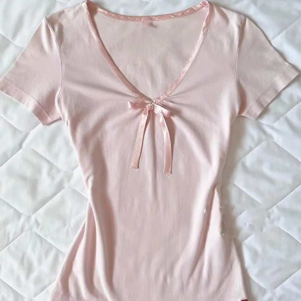Aiertu  -  Exquisite Sweet American Vintage Mujer Bow Slim Y2K Goth Streetwear All-match T-shirt Age Reduction Trendy Casual Shirts Aiertu
