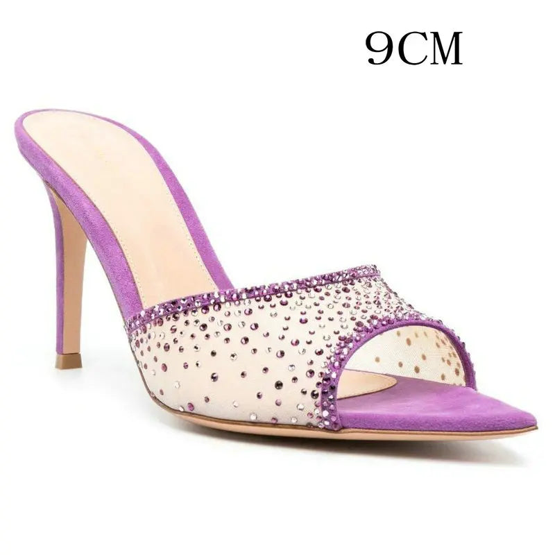 Aiertu  -  European Style Fashion Stiletto Rhinester High-heeled Slippers Pointed Open-toed Slip-on Slides Aiertu
