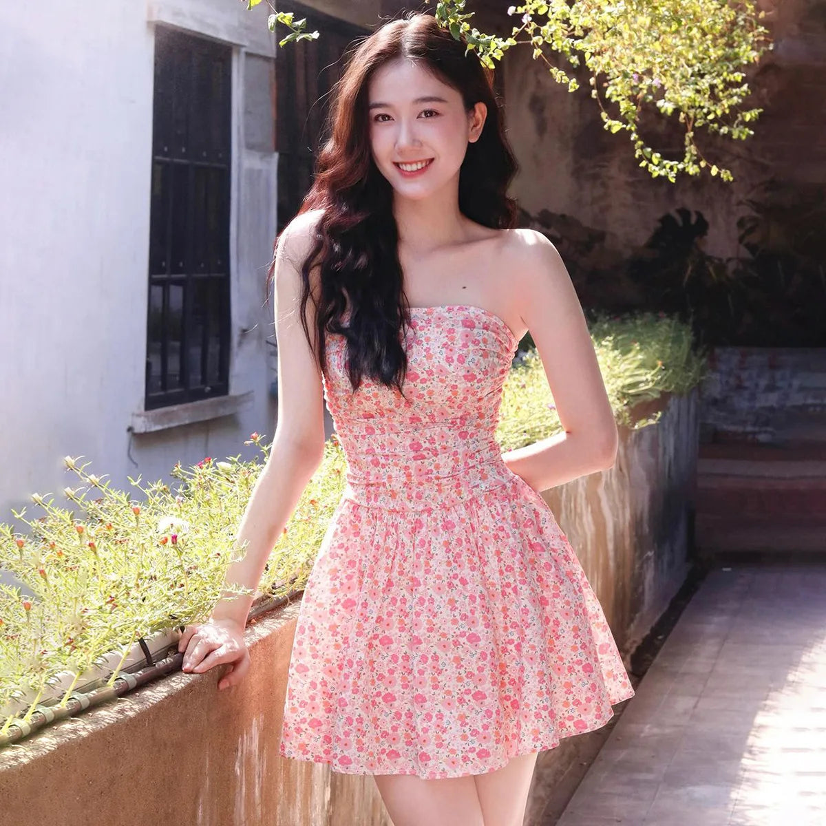 Aiertu  -  One-Shoulder Slim Strapless Print Dress For Women High Waisted Sleeveless Backless Fashion Sweet Summer New Ruched Dress Aiertu
