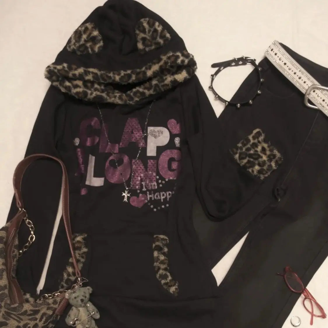 Aiertu  -  Japanese Style Leopard Printed Splicing Velvet Fur Cat Ear Cute Pullovers Harajuku Vintage Casual Long Sleeves Y2k Sweatshirts Aiertu