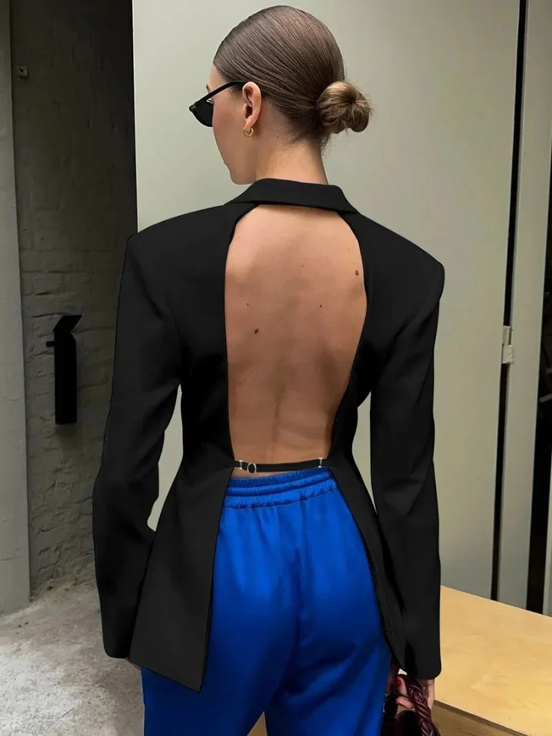 Aiertu  -  Elegant Women's Backless Suit Coats Chic Long Sleeve Covered Buttons Hollow Out Slim Blazers Coats Female High Street Outerwear Aiertu