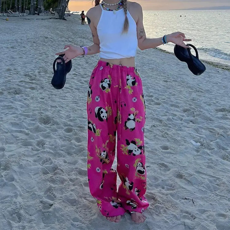 Aiertu  -  High waist drape wide casual women's summer printed legs cartoon trousers new loose drawstring fashion dopamine trousers women Aiertu