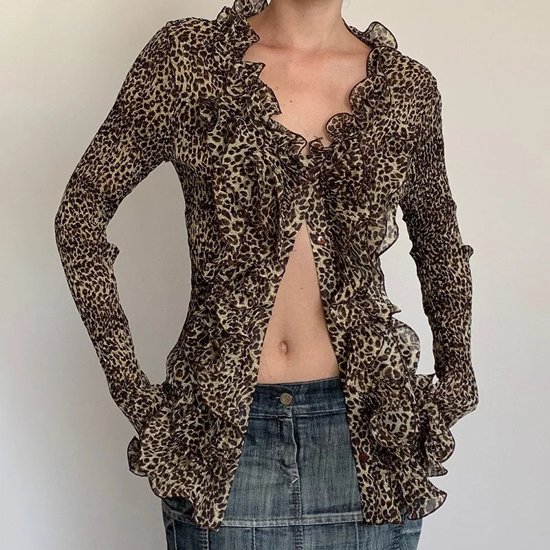 Aiertu  -  Y2k Aesthetic Women Sexy Blouse Leopard Sexy Single Breasted Slim Fit Grunge Shirt Harajuku Ruffled See Through Streetwear Blusa Aiertu