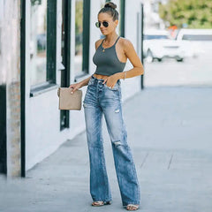 Aiertu  -  Women's Flared Jeans Stretch High Waist Fashion Vintage Casual Streetwear Wide Leg Baggy Flare Pants Aiertu