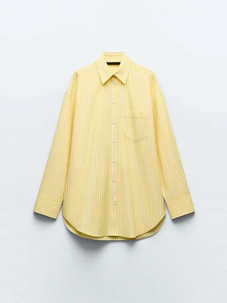 Aiertu  -  Fashion Chic Yellow Striped Blouse For Women Casual Lapel Single Breasted Long Sleeve Shirt Summer Ladies Vacation Beach Tops Aiertu
