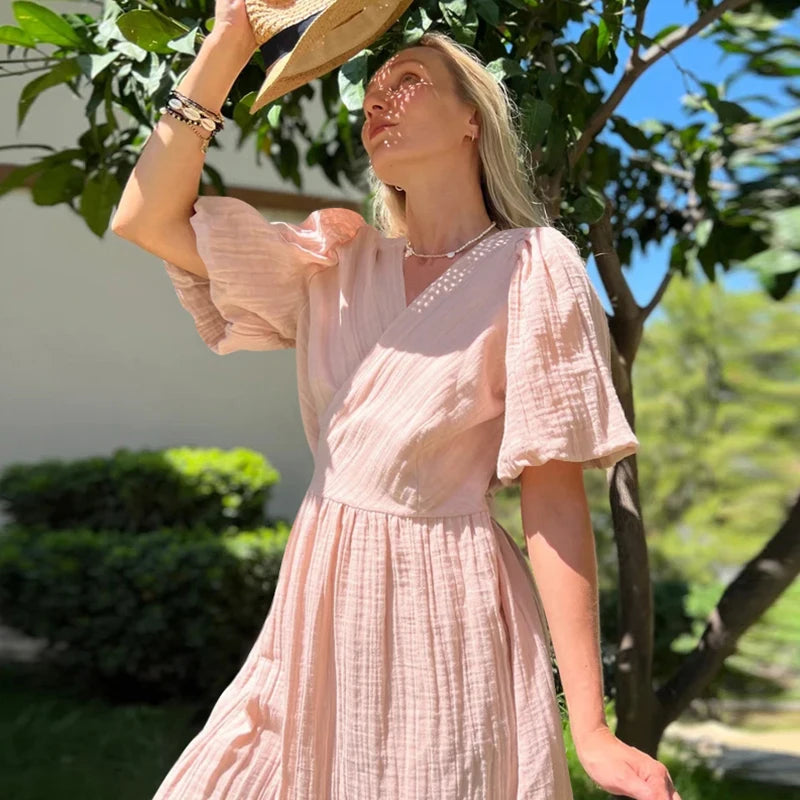 Aiertu  -   Gauze Long Dress For Women Sexy V-Neck Sweet Puff Sleeve Bandage Chic Elegant Party Beach Sundress Aiertu