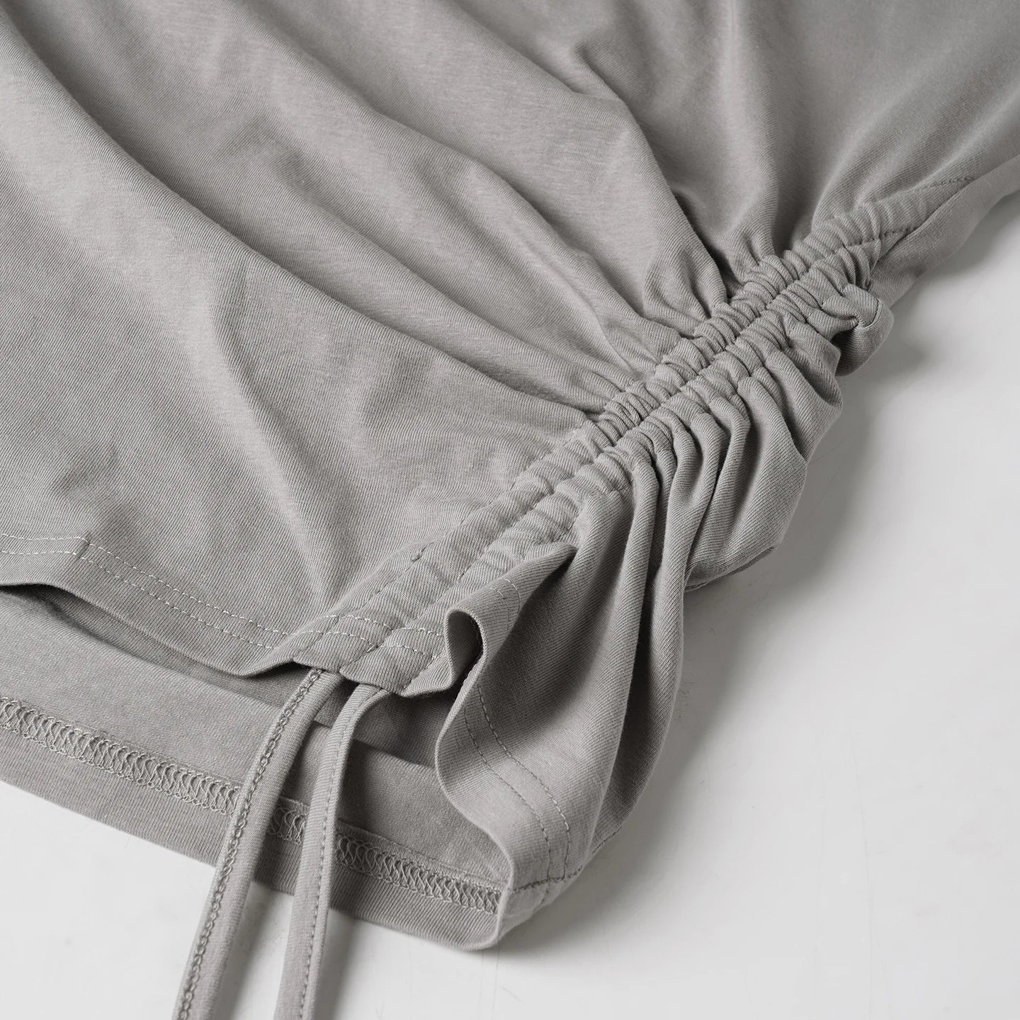 Aiertu  -  Solid Grey Loose Drawstring T-shirt Asymmetrical Off-shoulder Short Sleeve T Shirts Women Casual Summer Tees y2k Vintage Aiertu