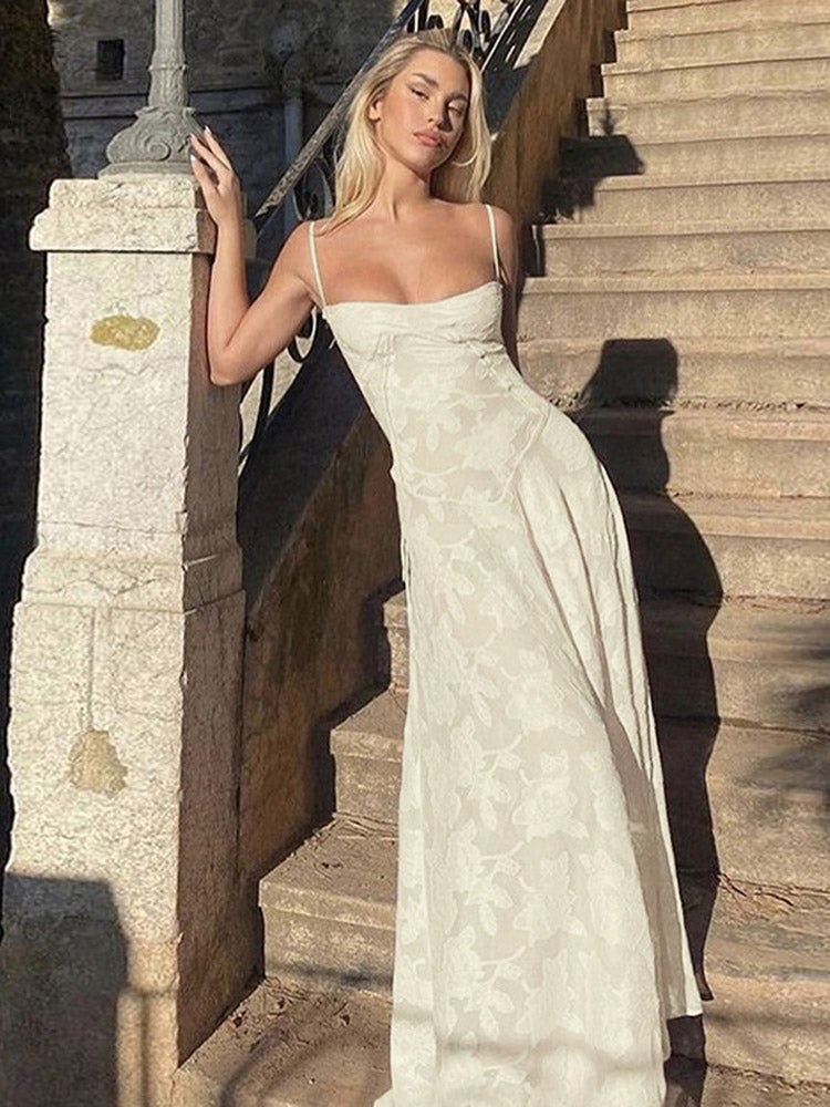 Aiertu  -  Elegant Print Floral Sling Maxi Dresses Women's Backless Square Neck Gown 2025 Summer Beach Vacation Sleeveless High Waist Dress Aiertu