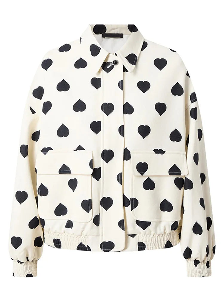 Aiertu  -  Chic Black Polka Hearts Lapel Jacket For Women Fashion Long Sleeves Pocket Zipper Coat 2026 Autumn Lady Casual Street Tops Aiertu