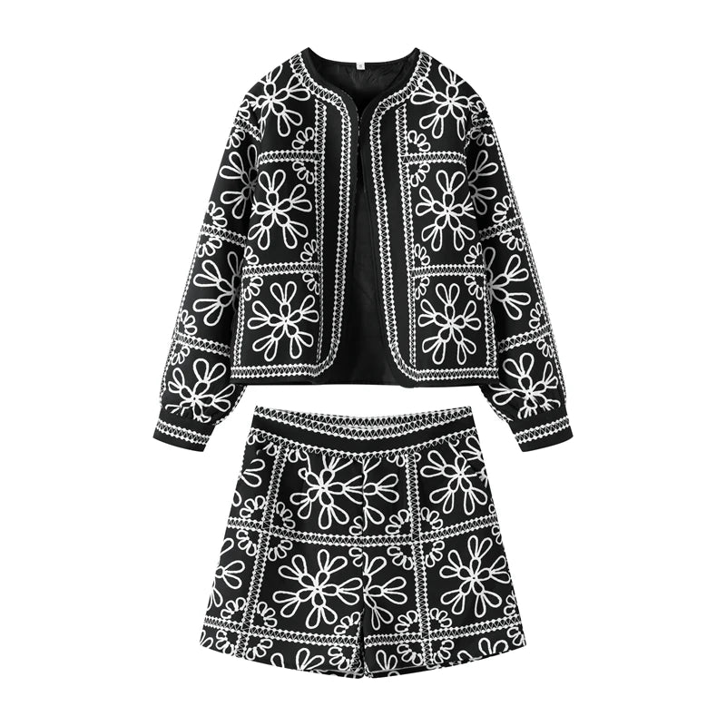 Aiertu  -  Casual Printed Jacket Shorts Set Women O-neck Long Sleeve Cardigan High Waist Shorts Suit Female Autumn Lady High Street Outfit Aiertu