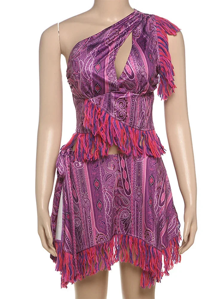Aiertu  -  Printed Tassles Patchwork Backless Mini Dress Women Skew Collar Hollow Out Sleeveless A-line Dresses 2025 Summer Vacation Outfit Aiertu