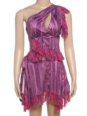 Aiertu  -  Printed Tassles Patchwork Backless Mini Dress Women Skew Collar Hollow Out Sleeveless A-line Dresses 2025 Summer Vacation Outfit Aiertu