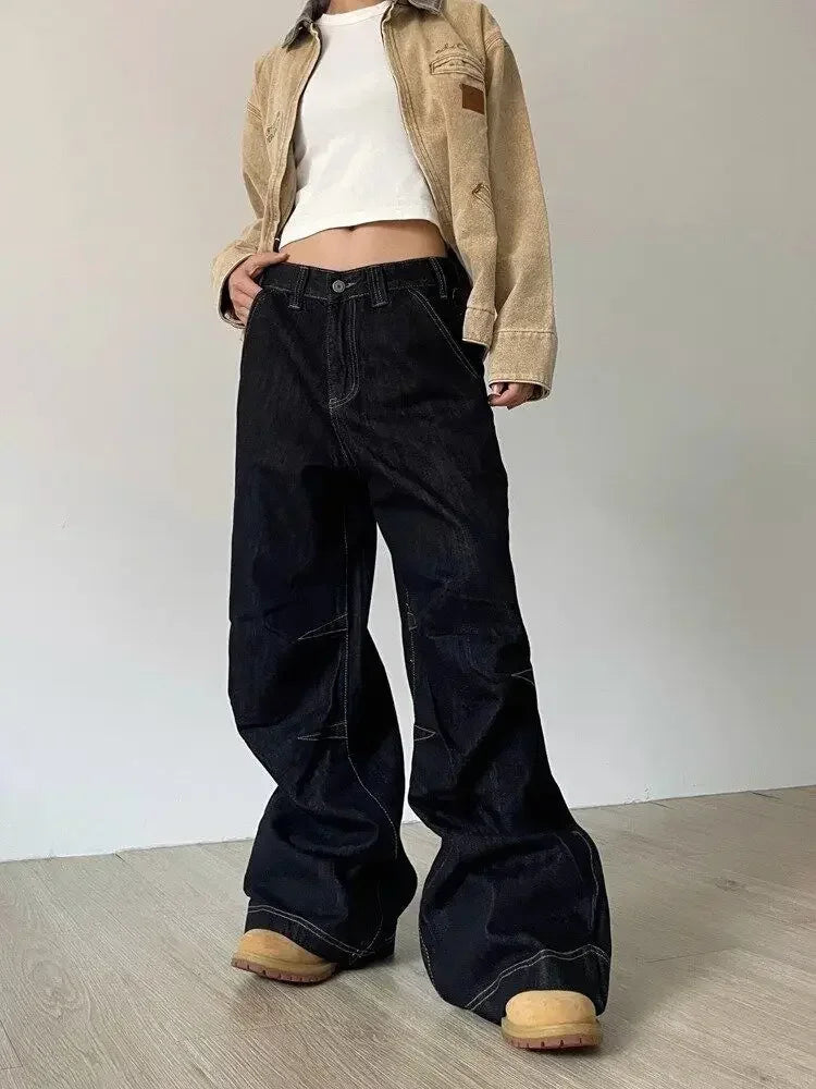 Aiertu  -  Grunge Black Jeans Women Y2k Vintage Oversized High Street Wide Cargo Denim Trousers Casual Baggy Straight Denim Pants Aiertu