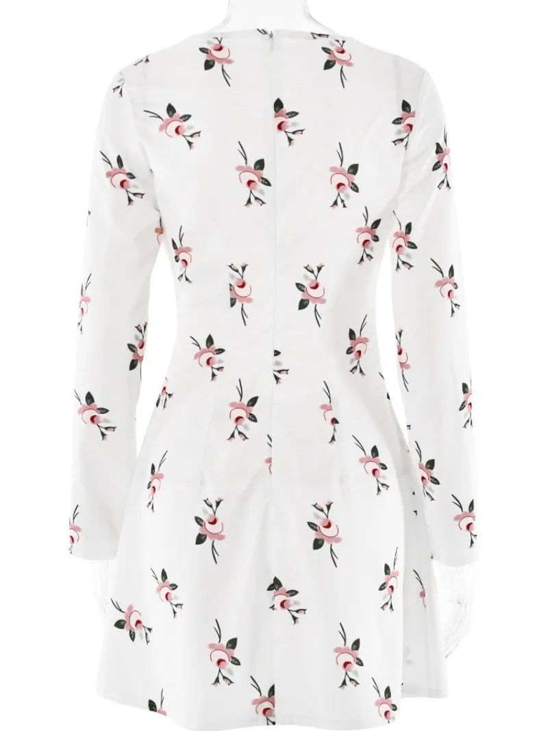 Aiertu  -  2026 Fall Vintage Floral Print Short Dress Streetwear Office Lady V-neck Long Sleeve Tunics A-line Satin White Holiday Dresses Aiertu
