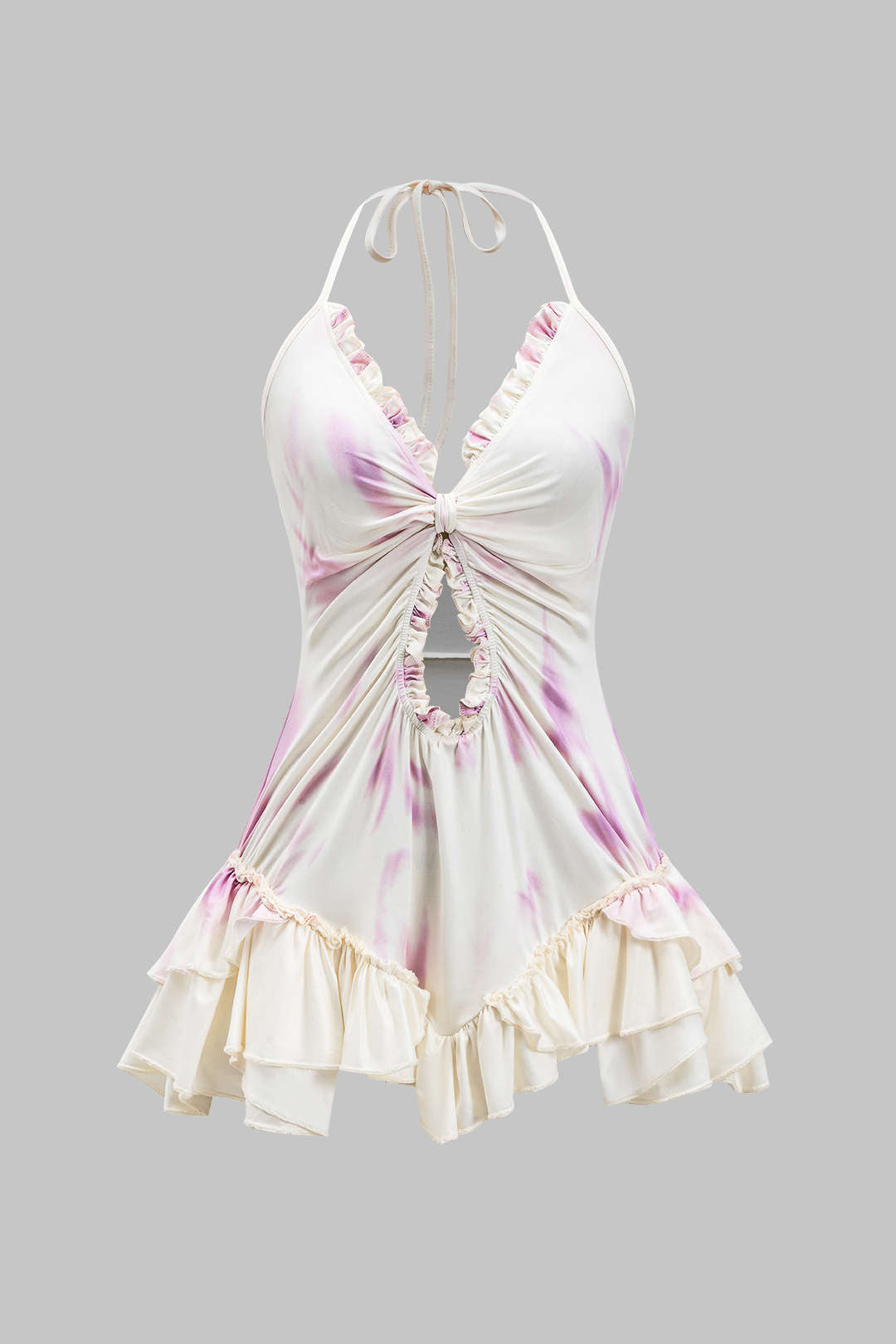 Aiertu  Ombre Print Ruffle Halter Cut Out Mini Dress Aiertu
