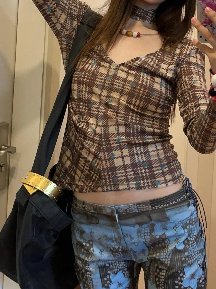 Aiertu  -  Korean Plaid Harajuku Slim Tee Shirts Vintage Print Tie Grunge Women's Tops Fashion Y2k Aesthetic Chic Streetwear T-Shirts 2025 Aiertu