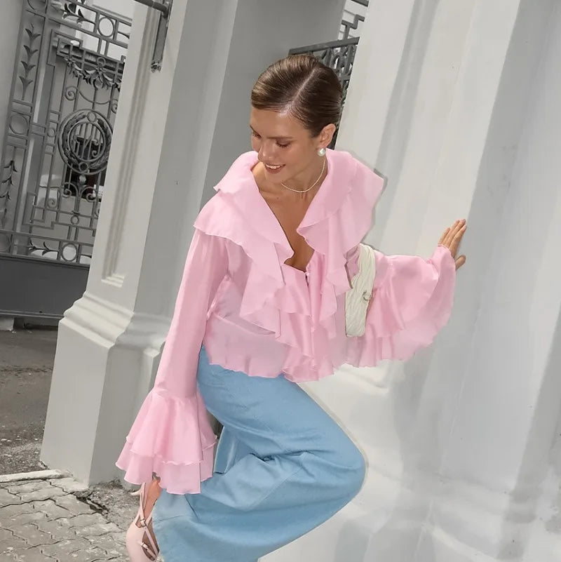 Aiertu  Summer Ruffle Short Tshirts Ladies 2025 Fashion V Neck Long Sleeve Shirts Party Casual Vacation Pink Top Women's Clothes Aiertu