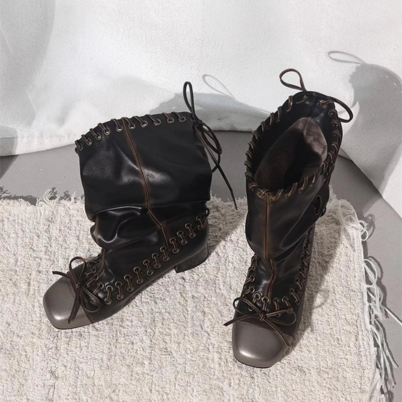 Aiertu    -  Vintage Pleated Mid-Calf Boots Cross-tied Square Toe Mid Heels Luxury Leather Fashion Novelty Sexy Concise Autumn Women Shoes Aiertu