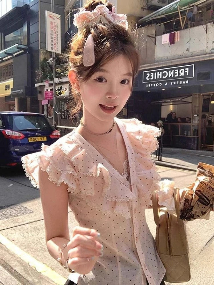 Aiertu  -  Y2k Aesthetic Sweet Polka Dot Women Blouse Vintage Single Breasted Blusas Lace Patchwork Fairy Summer Feifei Sleeves Grunge Tops Aiertu