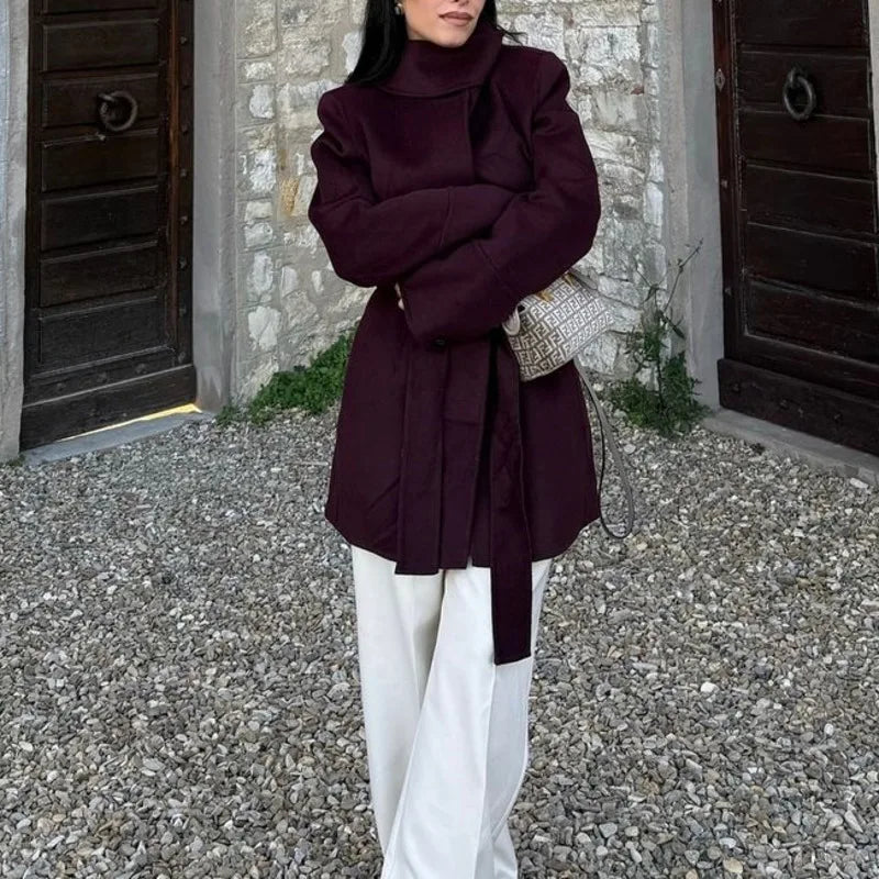 Aiertu  -  Elegant Burgundy Belt Stand Collar Jacket Women Fashion Long Sleeve Button Wool Blend Coats Chic High Street Lady Long Outwears Aiertu