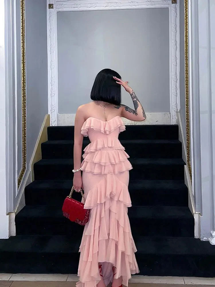 Aiertu  -  High Split Fork Ruffle Layered Bodycon Dress Sexy Off Shoulder Sleeveless Strapless Pink Dresses Chic Party Evening Gowns Women Aiertu