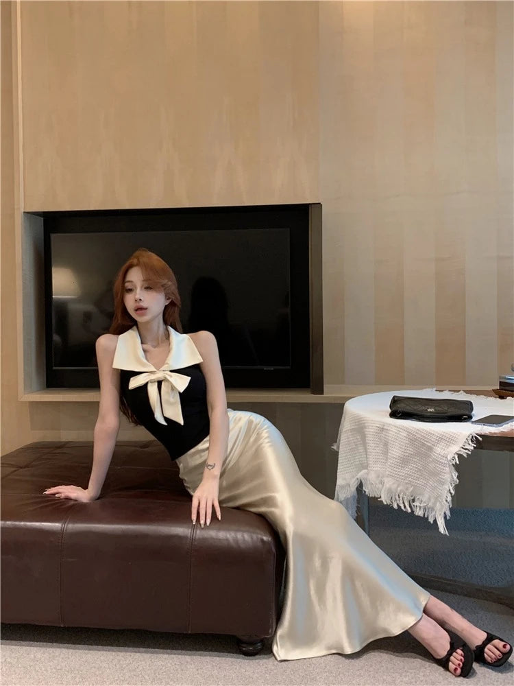 Aiertu  -  Bow temperament collar hanging neck vest satin fish tail half skirt two-piece set women's summer fashion beautiful set Aiertu