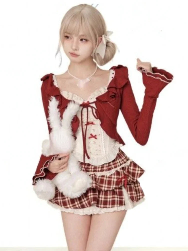 Aiertu  -  Japanese Kawaii 3 Piece Skirt Suit Women Lolita Cardigan Outwear Bodycon Vest Blouse + Slim Y2k Skirt Evening Party Vintage Sets Aiertu