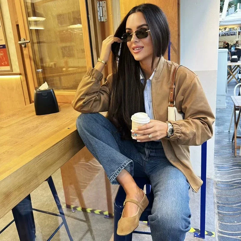 Aiertu  -  Women's Vintage Solid Jacket Loose O Neck Zipper Pocket Long Sleeve Female Coat Autumn Lady Office All-match Outwear New Aiertu