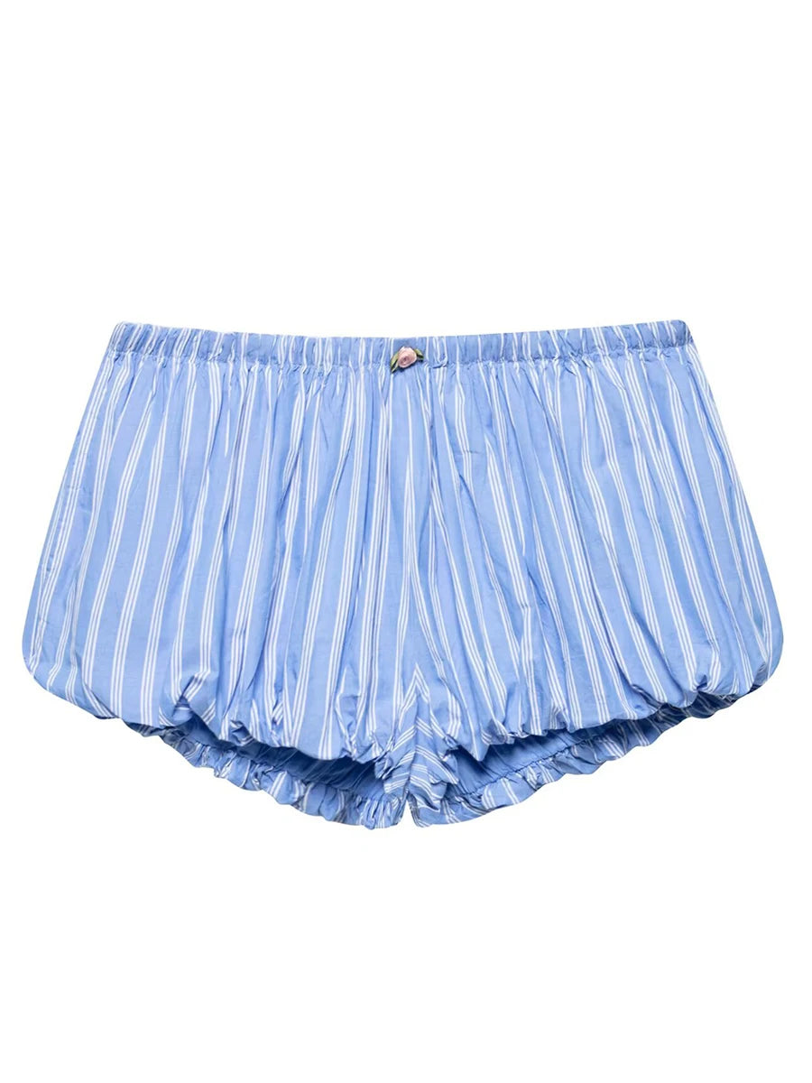 Aiertu  -  Blue Striped Casual Shorts Women Summer Flower Elastic Mid Waist Short Pants Streetwear Fashion Simple Mini Shorts 2025 New Aiertu