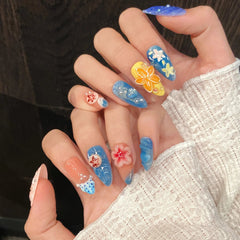Aiertu  -  10pcs Almond Handmade False Nail Art Butterfly Flower Design Press on Fake Nails Tips Wearable French Colorful Mid-length Nails Aiertu