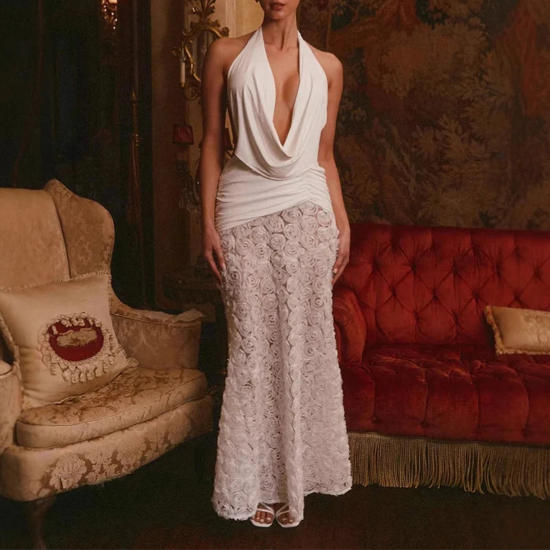Aiertu  -  Elegant 3D Floral Swinging Collar Long Dresses Women Retro White Backless Ruched Lacing 2025 Chic Lady Party Club Gown Robe Aiertu
