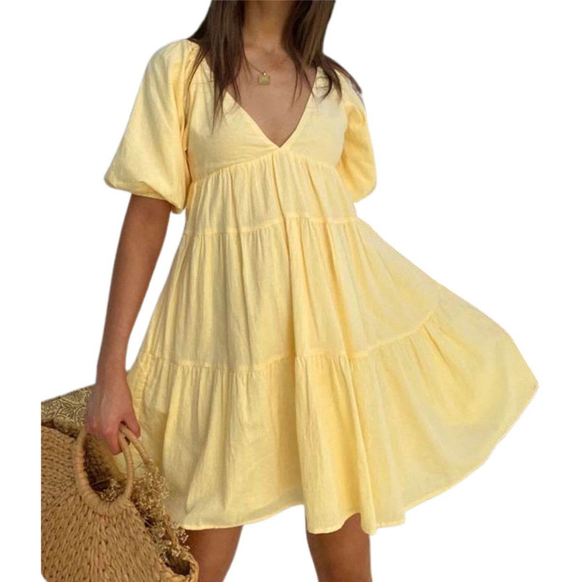 Aiertu  -  Elegant Maternity Dress for Summer Photoshoot - Stylish V-Neck A-Line Pregnancy Clothes with Puff Sleeves Solid Color Casual Aiertu
