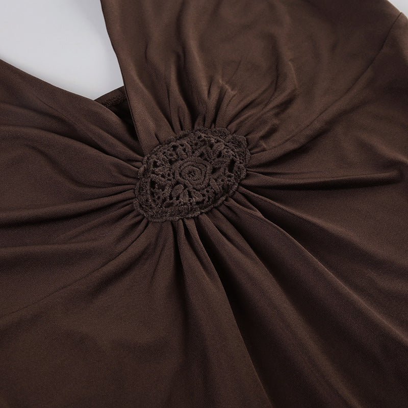 Aiertu  -  Brown Embroidered V Neck Backless Halter Top 2000s Clothes Y2k Vintage Sexy Tank Tops Women Summer 2025 Aiertu