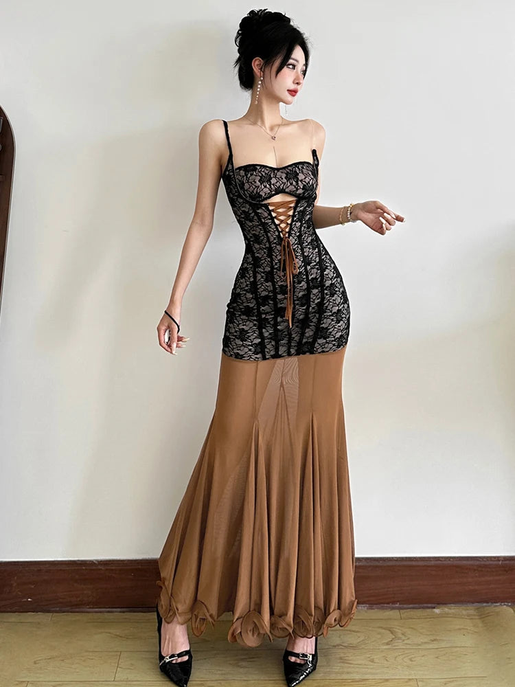 Aiertu  -  Backless Sleeveless Mesh Patchwork Jacquard Maxi Dress Women Hollow Cross Bandage Fishtail Low-Neck Vacation Vestidos Aiertu