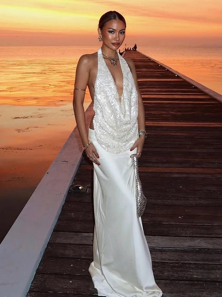 Aiertu  -  Vacation Temperament 2-Piece Set Women Swing Collar Arabesques Backless Tops+Smooth Skirts Beach Party Matching Suits Aiertu