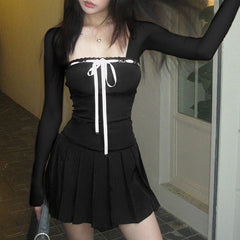 Aiertu - Mesh Splice Bow Decor Trumpet Sleeve Mini Dress Aiertu