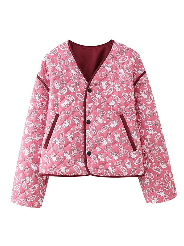 Aiertu  -  Elegant V Neck Print Quilted Short Cotton Jacket Casual Long Sleeves Single Breasted Warm Coat Autumn Winter Lady Thick Outwears Aiertu