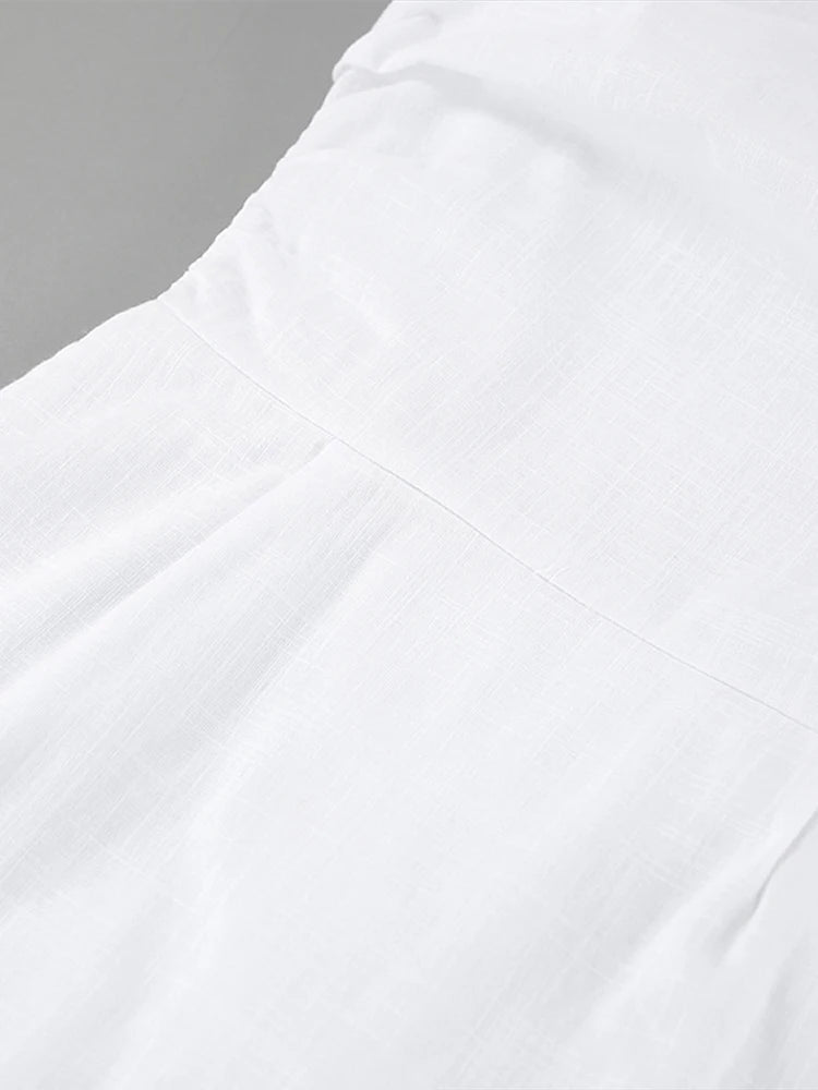 Aiertu  -  Cotton Linen Ruffle Dress Solid Color Suit Collar Deep V Fake Two Pieces Slim Fit Fashion Slimming Short Wrap Hip Dresses Spring Aiertu