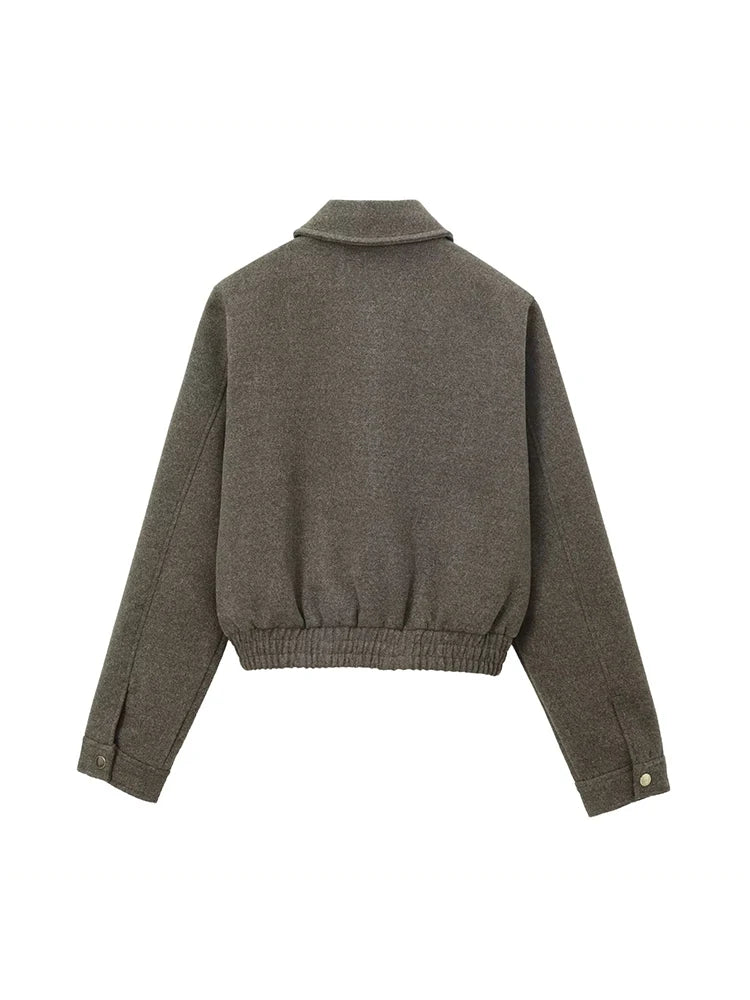 Aiertu  -  Women Fashion Army Green Front Zipper Jackets Vintage Lapel Neck Long Sleeves Female Chic Lady Outfits Aiertu