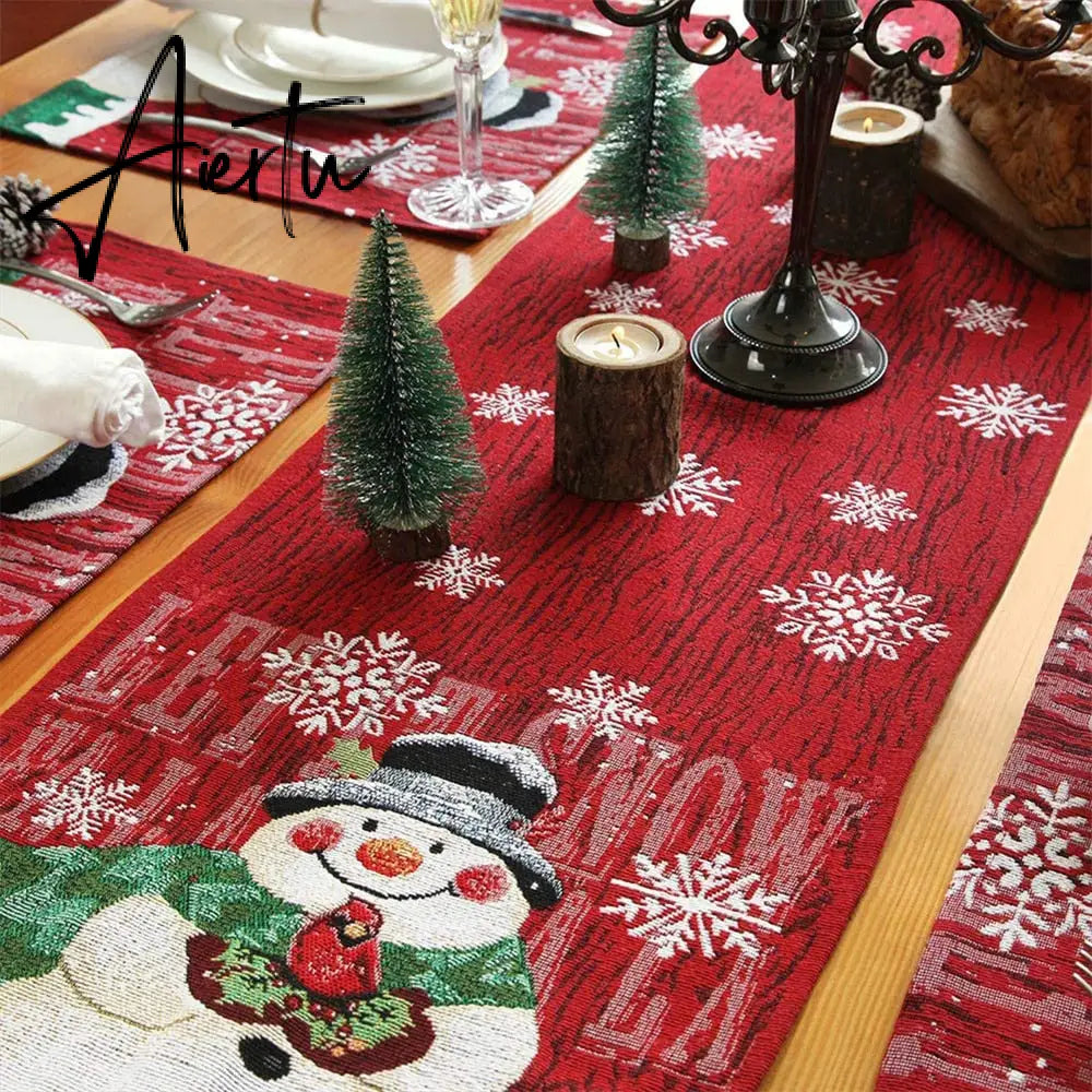 33X180Cm Red Christmas Table Runner Tablecloth Snowman Snowflake Decor Table Cover Christmas Party Decoration Supplies Aiertu