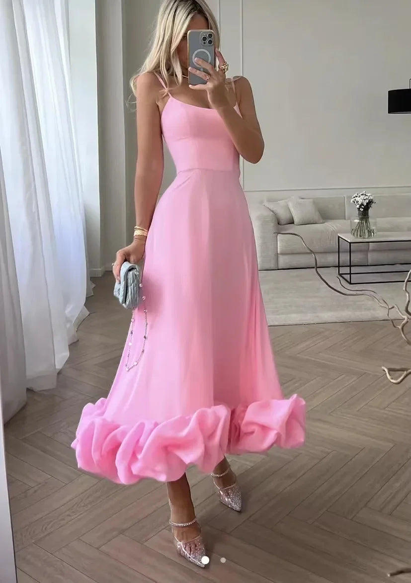 Aiertu  -  Elegant Party Evening Maxi Dresses for Women Spaghetti Strap Backless Sexy Long Summer Dress Ruffles Aline Dress Aiertu