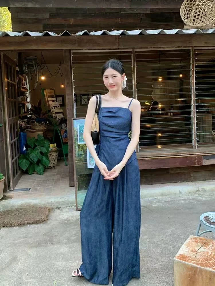 Aiertu  -  Casual Sexy Suit Women's Spring Summer Pleated Strap Vest High Waist Wide Leg Jeans Two-piece Set Fashion Female Clothes Aiertu