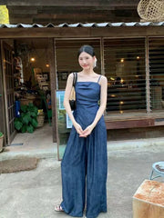 Aiertu  -  Casual Sexy Suit Women's Spring Summer Pleated Strap Vest High Waist Wide Leg Jeans Two-piece Set Fashion Female Clothes Aiertu