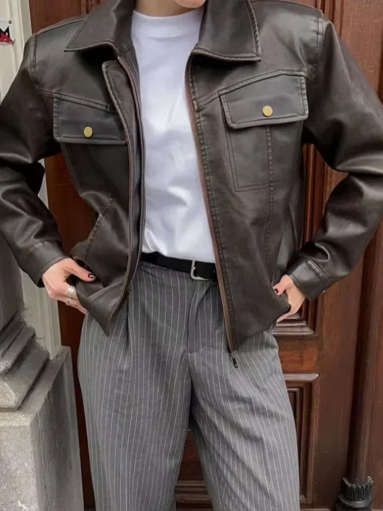 Aiertu  -  Women Chic Lapel Loose Leather Jacket Fashion Solid Button Zipper Pockets Short Coat 2026 Autumn Lady Chic High Street Outerwear Aiertu